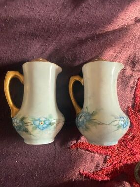 Pair of Vintage Austrian Floral Porcelain Salt and Pepper Shakers w Gold Handles